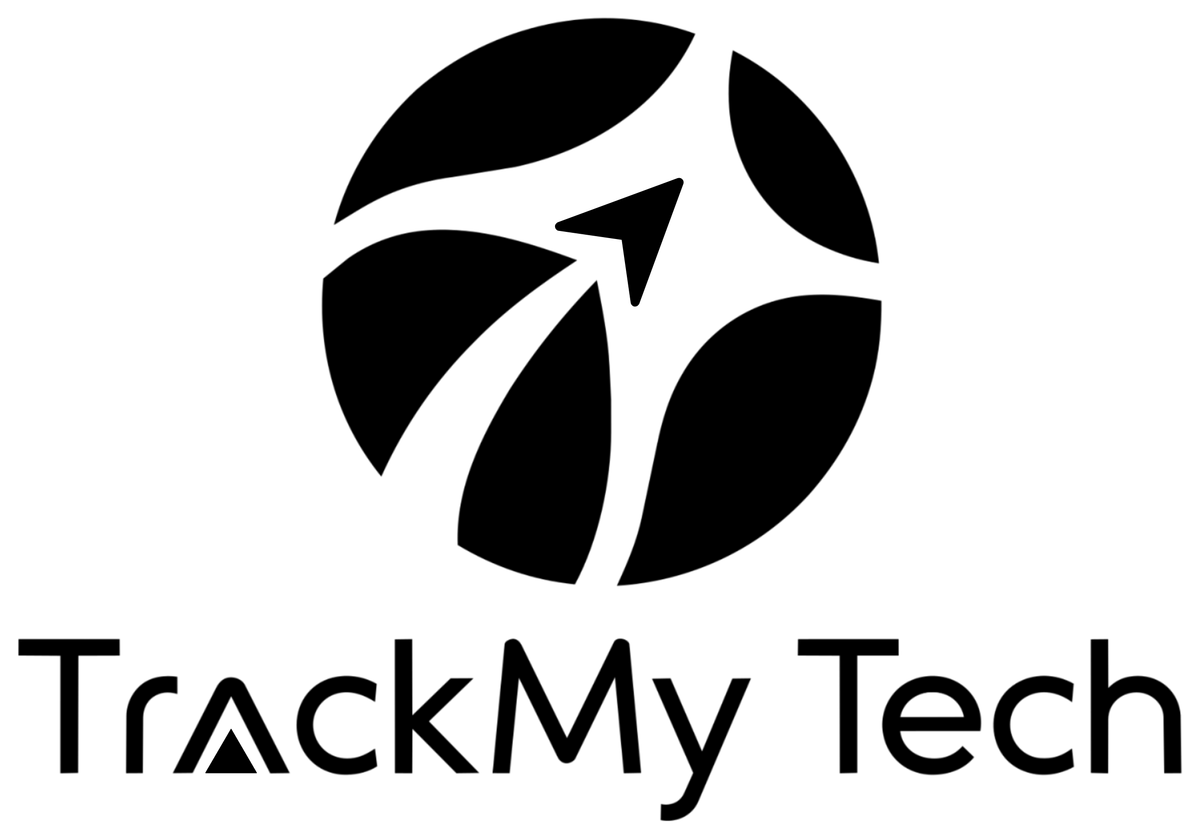 TrackMy Tech monochrome black logo, stacked
