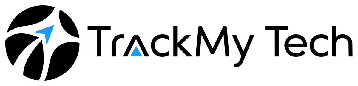 TrackMy Tech horizontal logo — symbol beside wordmark, black with sky blue arrow