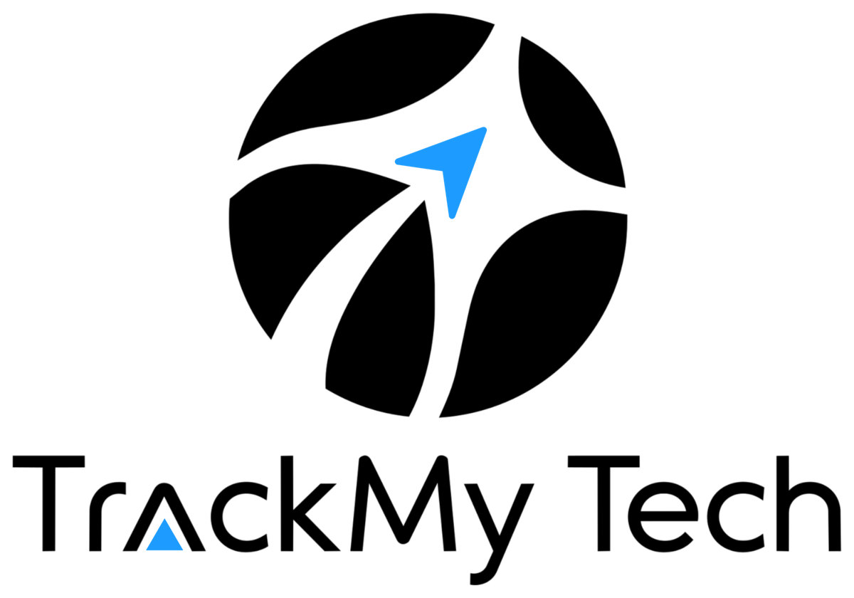 TrackMy Tech primary logo — stacked symbol above wordmark, black with sky blue arrow