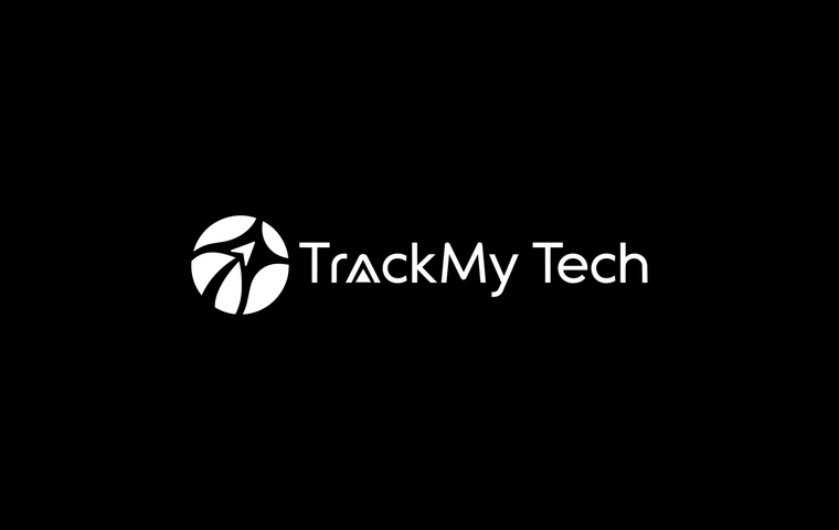 White TrackMy Tech logo correctly placed on a black background