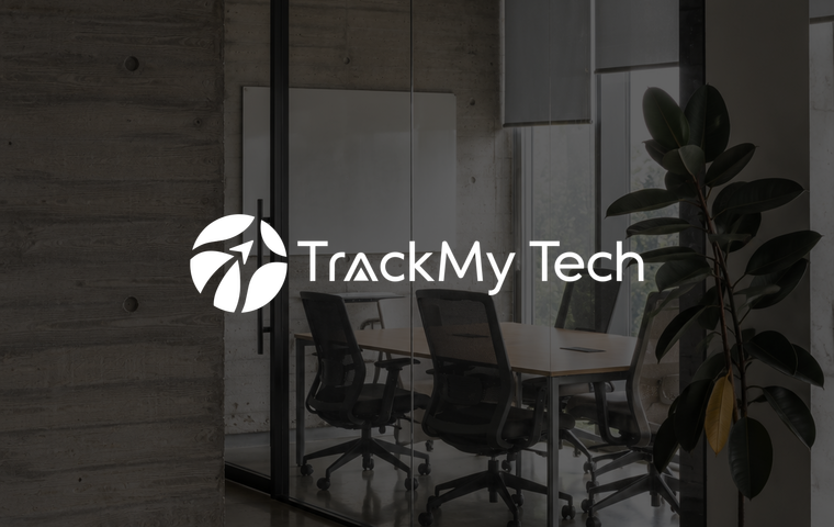 White TrackMy Tech logo on a photograph darkened by a scrim