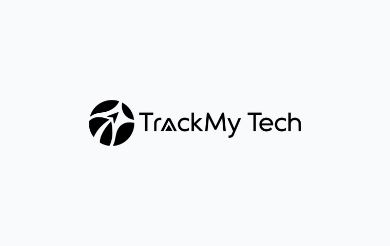 Black TrackMy Tech logo on a soft white background