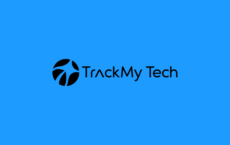 TrackMy Tech logo placed on a sky blue field
