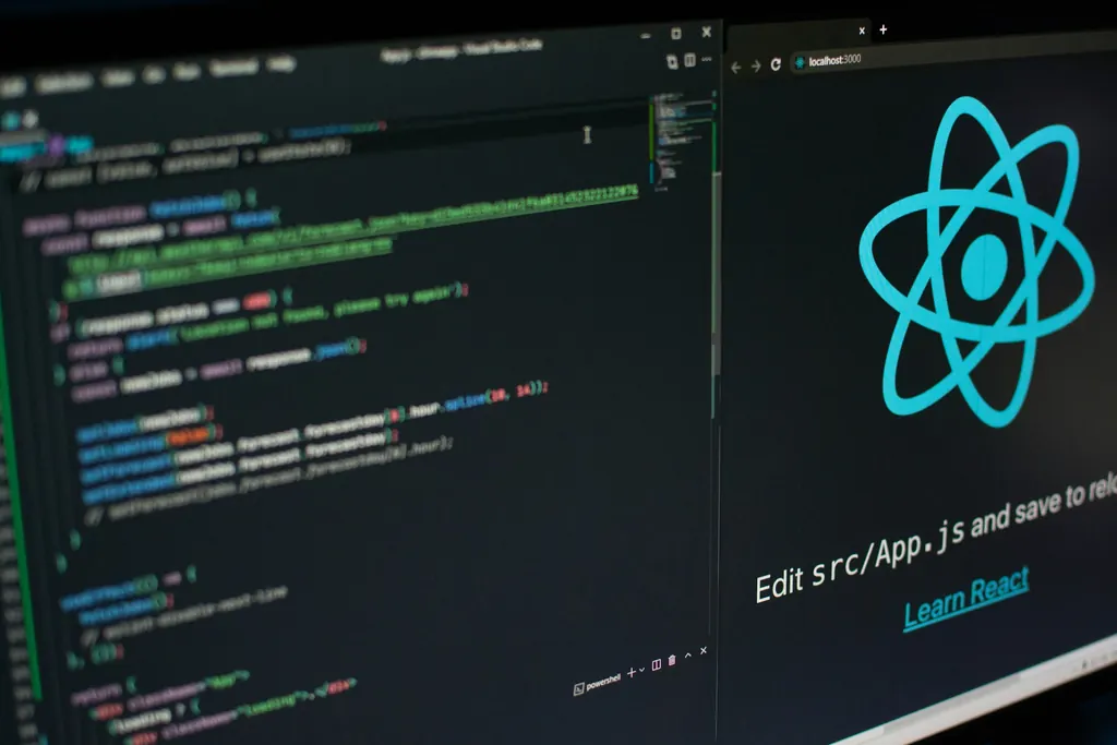 A code editor showing a React project with the React logo