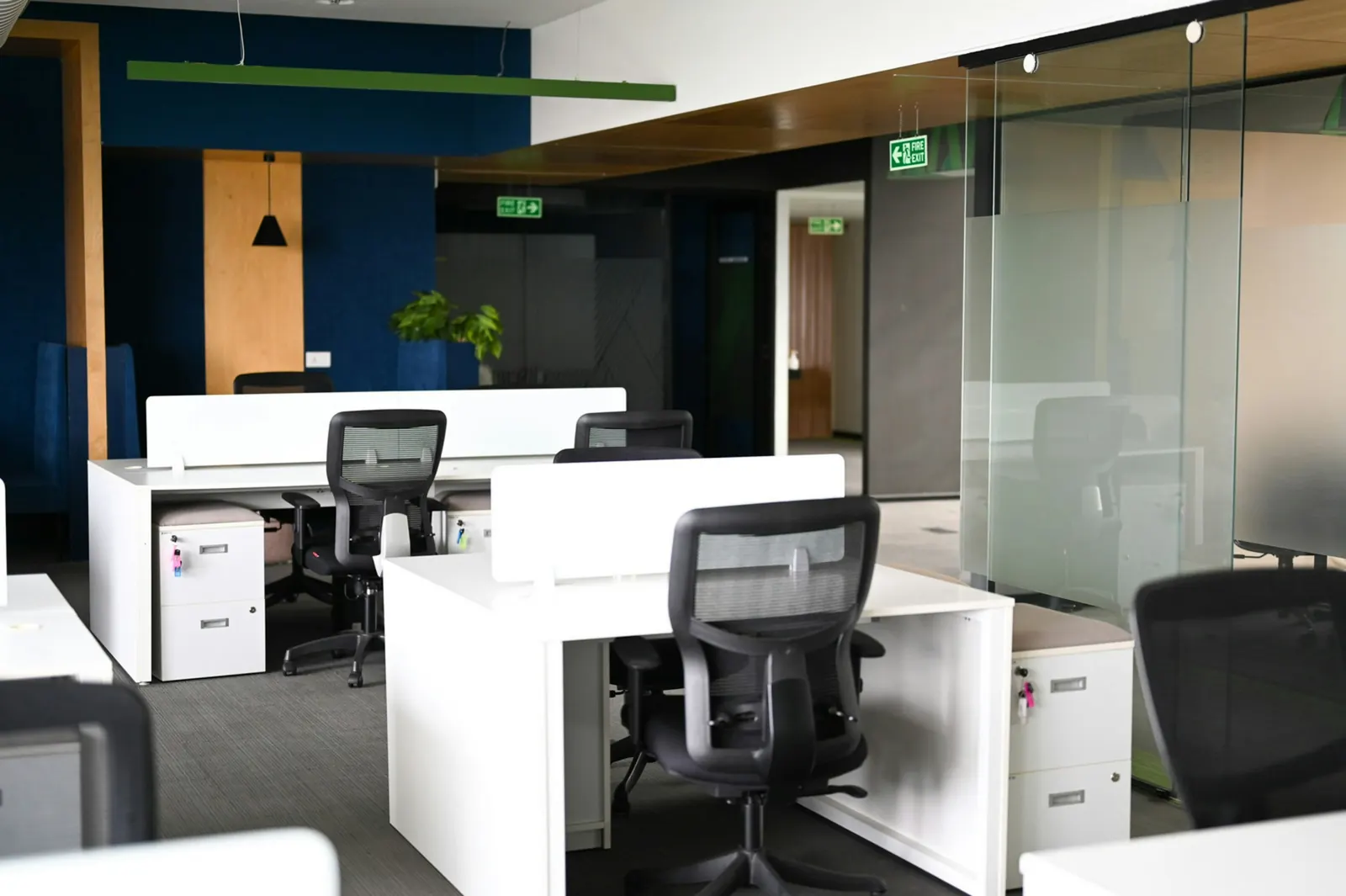 A modern open-plan office with rows of desks